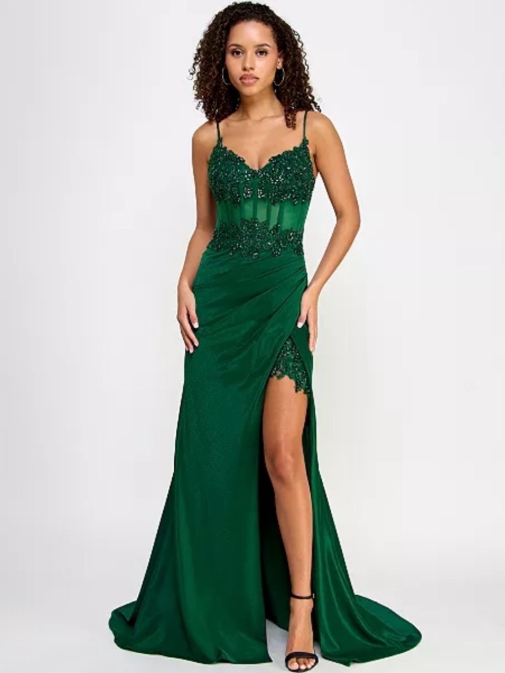 Say Yes Juniors' Beaded Sweetheart Satin Corset Gown Hunter Size 7/8
